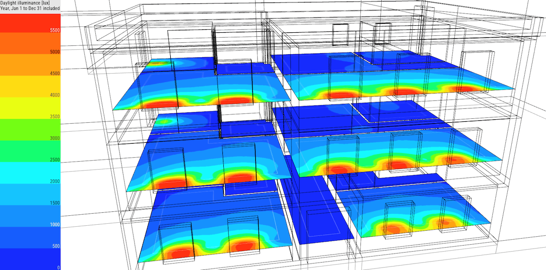 Illuminance in lux displayed on a model